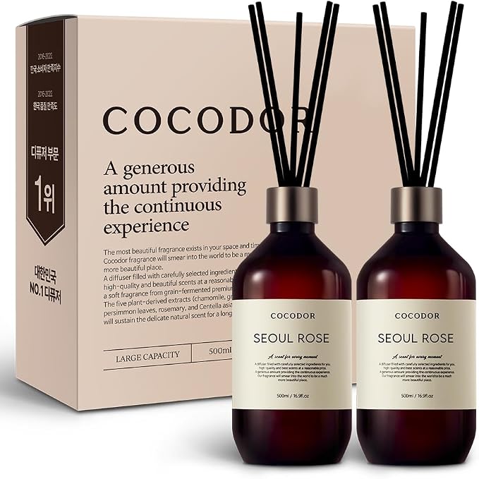 COCODOR Premium Reed Diffuser/Seoul Rose /16.9oz /2 Pack/Large Capacity Fragrance Scent Oil Stick Diffuser Set for Bedroom Bathroom Home Décor