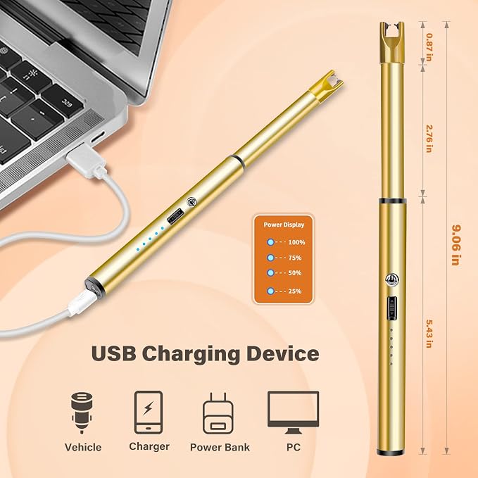 Electric Candle Lighter Windproof USB Rechargeable Flameless Long Neck Lighter for Candles Gas Stove Fireplace BBQ Kitchen Grills (Gold)