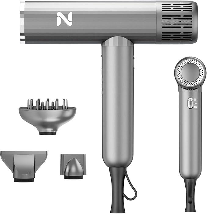 Natrial Ionic Professional Hair Dryer with Diffuser for Curly Hair,1600W&110000RPM High Speed Blow Dryer for Women,Fast Drying,Lock Function,Low Noise,Lightweight for Home Travel Salon,Light Grey