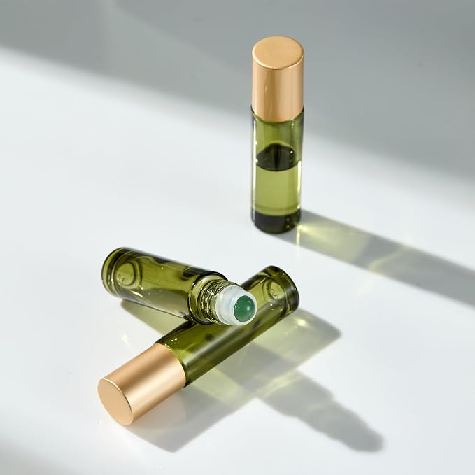 Qeuly 6 Pack Green Aventurine Quartz Roller Bottles for Essential Oils, 10ml Amber Glass Roll on Bottles with Natural Crystal Balls, Leak-Proof Travel Size Perfume Roller Bottle (Olive green)