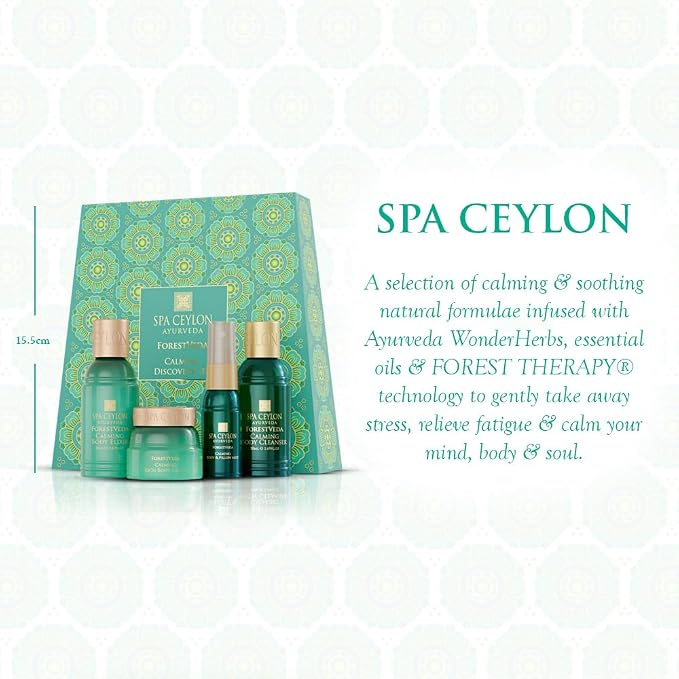 Spa Ceylon ForestVeda Calming Discovery Set - 4-Piece Ayurveda Bath & Body Gift Set with Plant Botanicals, Eucalyptus, Cedarwood & Moringa - Body Cleanser, Body Elixir, Body Cream & Pillow Mist