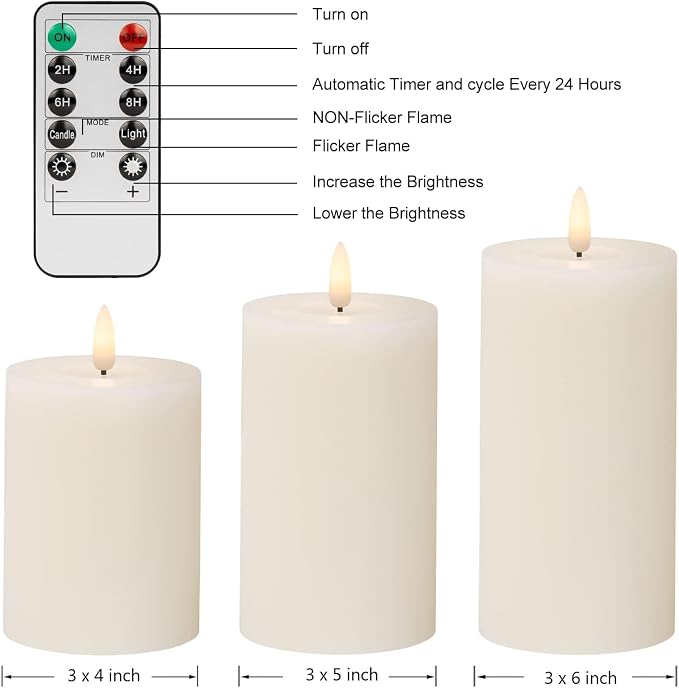 ANGELLOONG Flickering Flameless Candles with Remote, Real Wax Battery Operated Candles with Timer, Fake LED Pillar Candles for Wedding Holiday Farmhouse Home Decor, Ivory