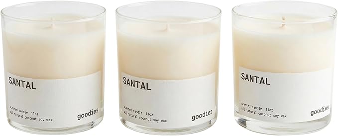 Goodies Premium Santal Scented Candle 3-Pack – Luxury Coconut Soy Wax Blend (11oz Each) – 180-Hour Total Burn Time – Warm Sandalwood, Cardamom & Cedarwood