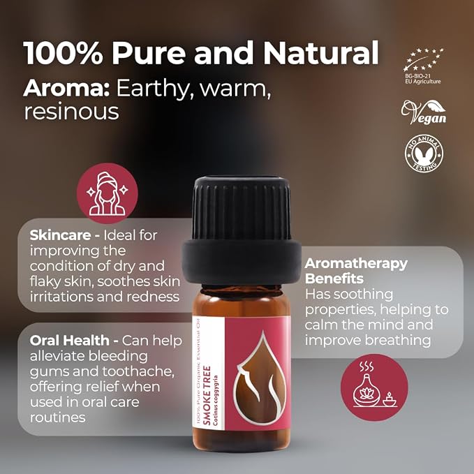 Essences Bulgaria Organic Smoke Tree Essential Oil 1/6 Fl Oz | 5ml | Cotinus coggygria | 100% Pure and Natural | Undiluted | Therapeutic Grade | Family Owned Farm | Steam-Distilled | Non-GMO | Vegan