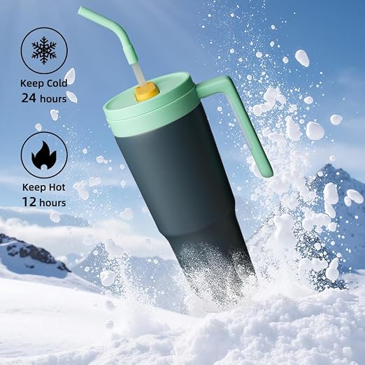 Konokyo Insulated Tumbler with Handle and Straw,40 OZ Vacuum Stainless Steel Water Bottle Travel Mug Metal Cup with Fruit Diffuser,Night Gray