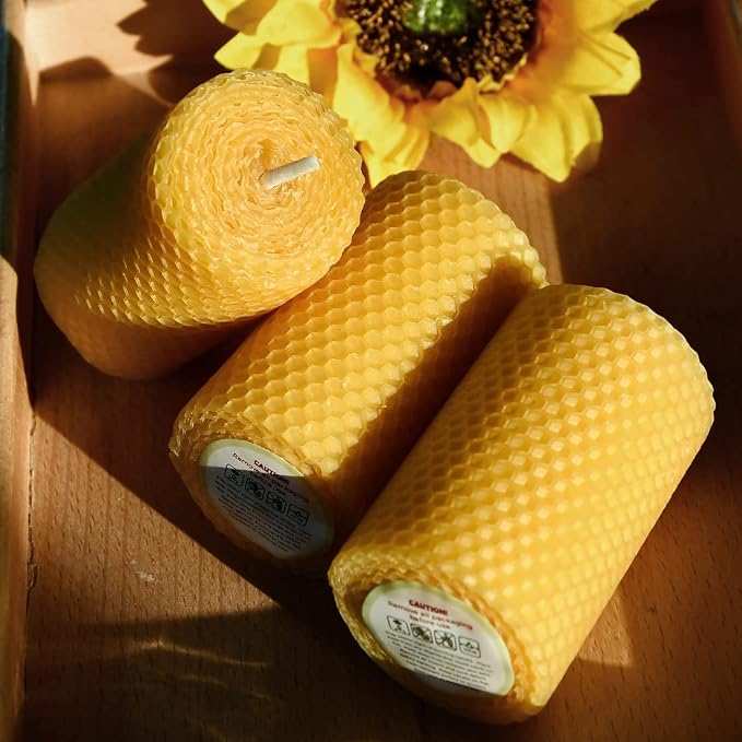 DEYBBY Beeswax Honeycomb Rolled Pillar Candles Set of 3 - Handmade Pure Organic Bees Wax Candles for Home Study Decor Housewarming Gift (2×3.3 in)