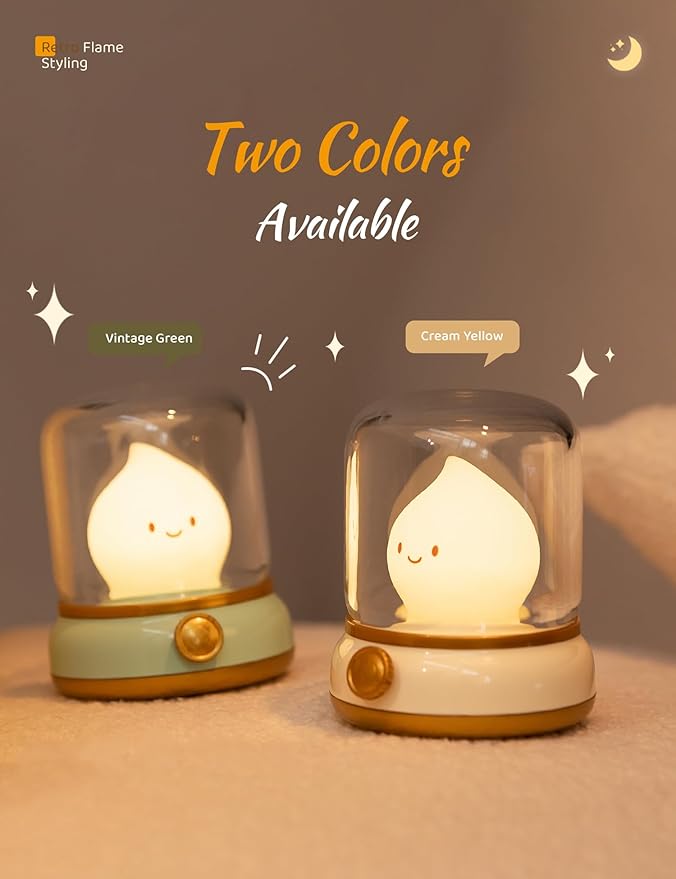 WANIDEA Cute Chibi Flame Lamp, Anime Cozy Lights, Retro Rechargeable Night Light, Decor, Cute Desk Accessories, Gifts 2 Pack (Yellow and Green)