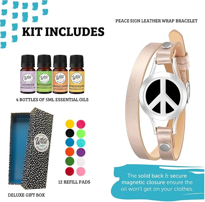 Wild Essentials Peace Sign Essential Oil Leather Wrap Bracelet Diffuser Kit, Gift Set, Lavender, Lemongrass, Peppermint, Orange Oils, 12 Pads, Customizable Color Changing Perfume Jewelry, Aromatherapy