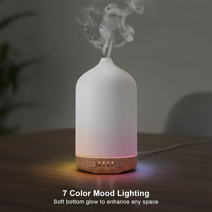 Ceramic Essential Oil Diffuser, 250ml Aromatherapy Humidifier & 7 Color-Changing Night Light with Auto Shut-Off, 1H/3H/5H Timer Ultrasonic Cool Mist Quiet Operation for Home, Office, Yoga