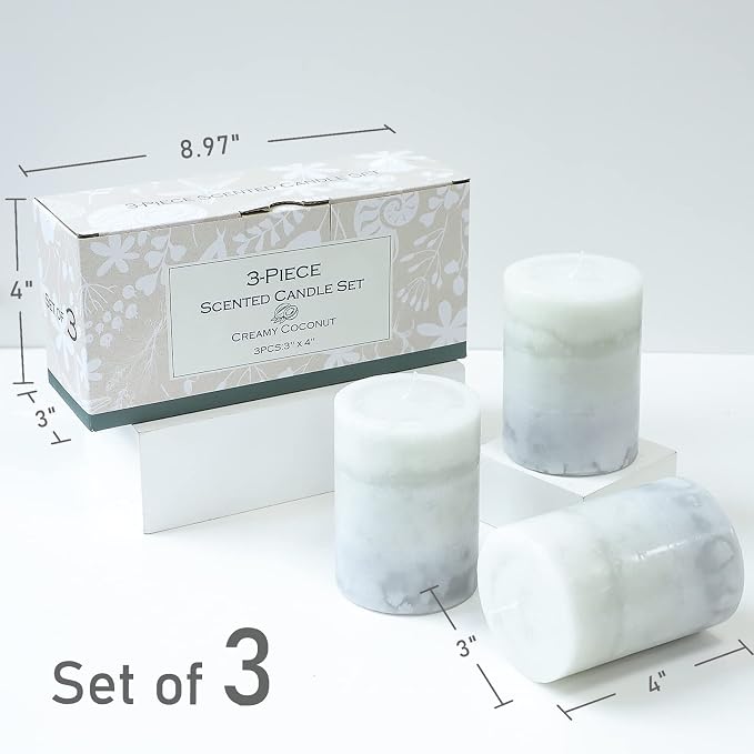 Set of 3 Scented Pillar Candles Creamy Coconut Scented 3" x 4" Long-Lasting Burn Candle White Gray Palette Pillar Candle Clean Burning No Drip Candles Gift for Home Party Dinner Table Decor