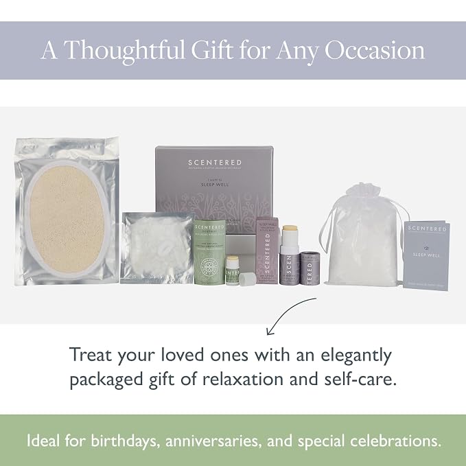 Scentered Prepare for a Great Night's Sleep Bath Set - Bath Salts, Aromatherapy Balms, Body Loofah, Hair Tie & Shower Cap - Relaxing Bath Set for Restful Sleep