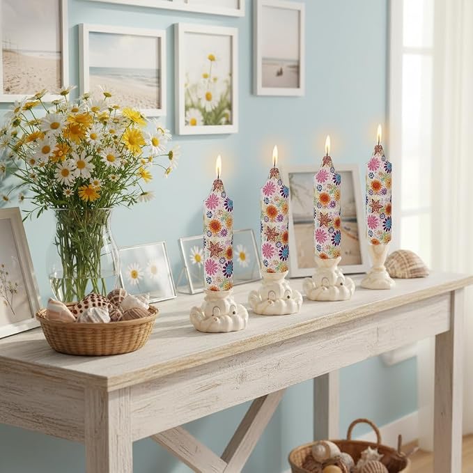 5 inch Short Candle Floral Candle Sticks Seashell Printed Candles Stick Handmade Unscented Taper Candle 4 Pack Flower Tapered Candles for Evening Wedding, Bohemian Seaside Theme Home Decor