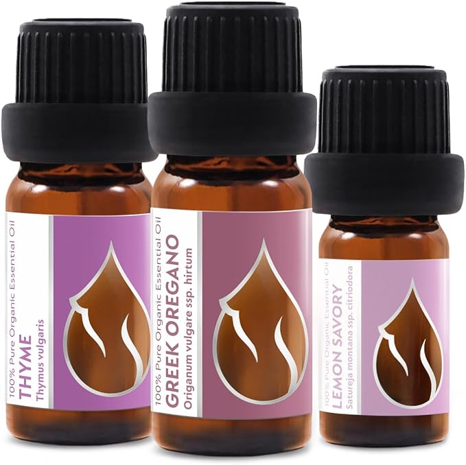 Set Vitality Essences Bulgaria Organic Essential Oils | Thyme (10ml) + Greek Oregano (10ml) + Lemon Savory (5ml) | 100% Pure and Natural | Undiluted | Therapeutic Grade | Non-GMO | 3pcs