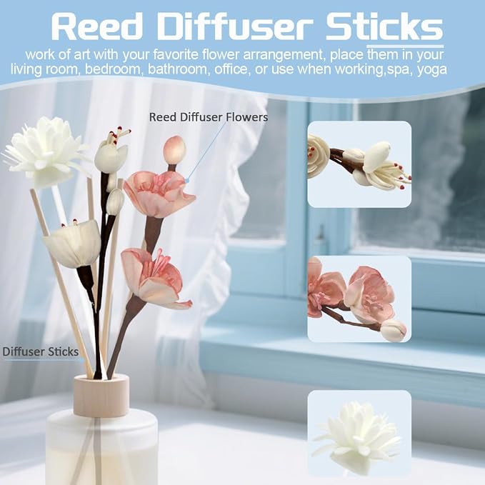 16 Pcs Reed Diffuser Sticks, Natural Rattan Hand Made Flower Reed Fragrance Diffuser Set, Reed Fragrance Diffuser Flowers Refill Replacement Sticks, House Bedroom Office Decor