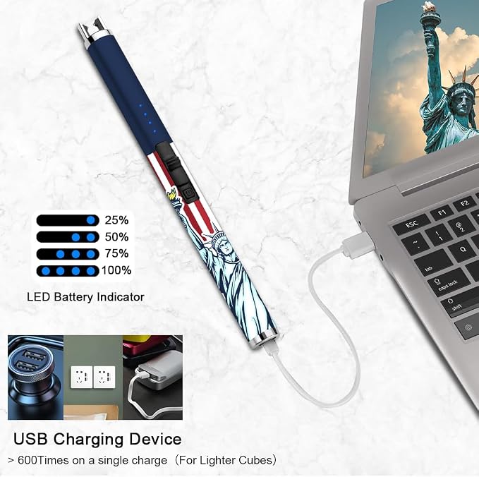 SUPRUS Electric Candle Lighter USB Type C Rechargeable Lighter with LED Battery Display and Safety Switch Windproof Best Souvenir for Independence Memorial and Veterans Day (Statue of Liberty)