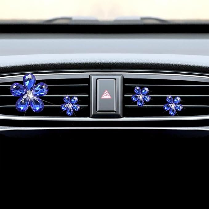 Bling Daisy Flower Car Air Vent Clips, 5PCS Sparkling Crystal Rhinestone Cute Vehicle Air Conditioning Clamp, Diamond Auto Air Outlet Clip Decor for Women Girls (Blue)