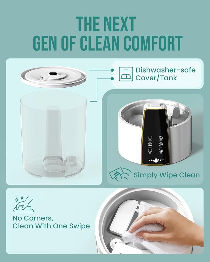 Humidifiers for Bedroom,1.06Gal(4L) Dishwasher Safe Design Easy to Clean,Top Fill,Night Light,Aroma Diffuser,Humidity Control,12H Timer,Sleep Mode,3 Level Mist,360° Nozzle,Home,Nursery,Off White