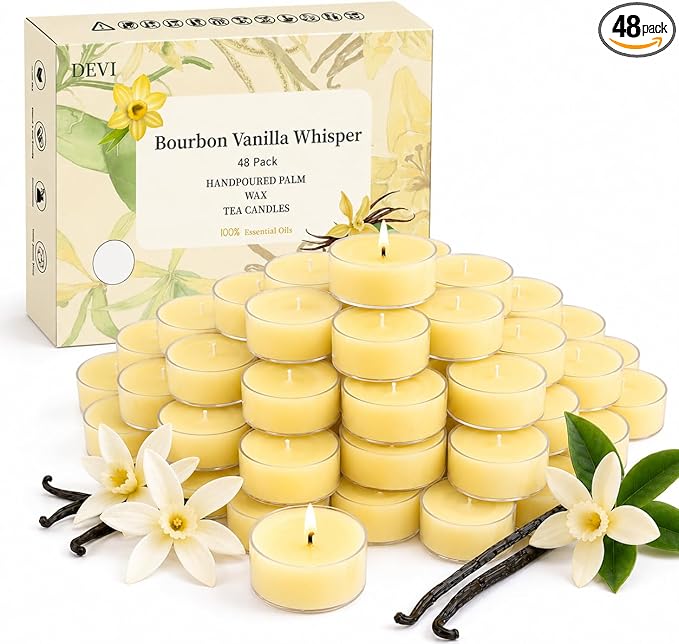 DEVI Vanilla Bean Highly Scented Tea Lights Candles 48 Pack, 5-6 Hours Natural Palm Tea Candles for Home Scented, Small Tealight Votives with Essential Oils for Home, Thanksgiving