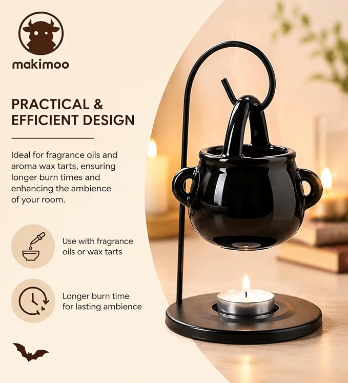 Hanging Pagan Cauldron Oil Burner, Black Wax Warmer Aroma Diffuser, with Handle, for Essential Fragrance Wax Melts, Enchanting Witches' Home Decor Element.
