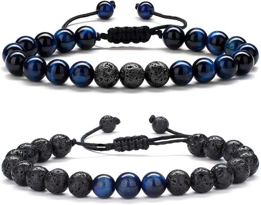 M MOOHAM Mens Bracelet - Beaded Natural Stone 8mm Tiger Eye Matte Agate Lava Rock Bracelets for Men Teen Boys Grandpa Dad Birthday Gifts Jewelry