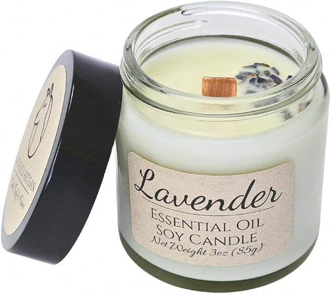 Pure Lavender Essential Oil Apothecary Candle - 3oz High-Potency Soy Wax - Real Botanicals & Crackling Wood Wick - Stress Relief & Sleep Ritual - Small Batch Luxury by Lathered Artisan