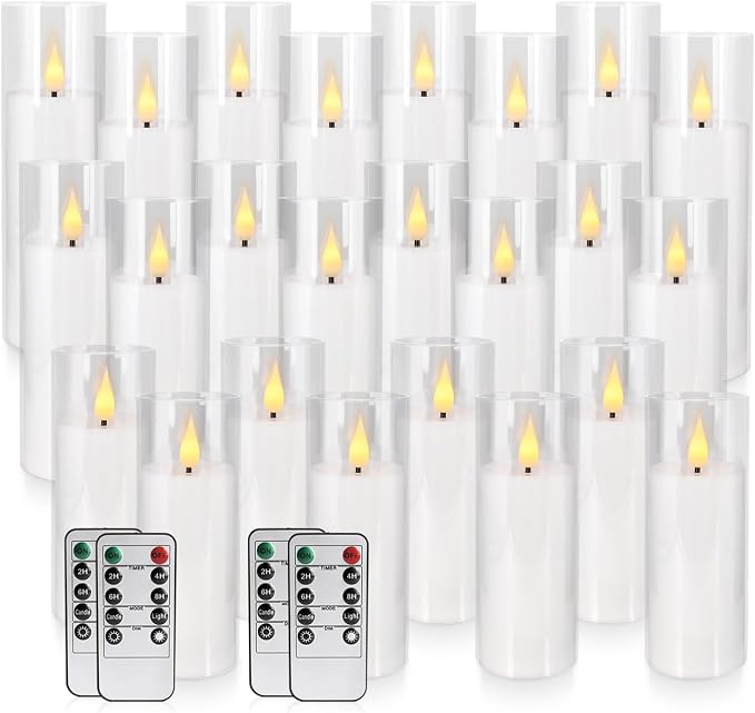 YOROXRG Set of 24 Flickering Flameless Candles Battery Operated with Remote and 2/4/6/8 H Timer Plexiglass Led Pillar Candles with Realistic Moving Wick Candles for Home Decor (D2.2"xH 5"6"7")(White)
