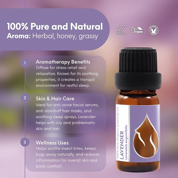 Essences Bulgaria Organic Lavender Essential Oil 1/3 Fl Oz | 10ml | Lavandula angustifolia | 100% Pure and Natural | Undiluted | Therapeutic Grade | Family Owned Farm | Steam-Distilled | Non-GMO