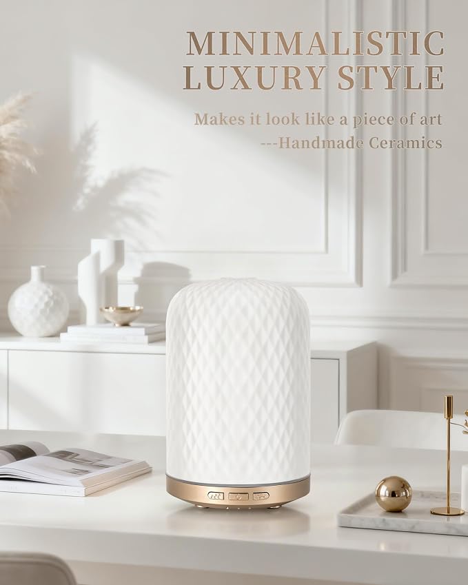 Essential Oil Diffuser - 2.4MHz Ultrasonic Ceramic Diffuser with Pulse/Continuous Mist & Night Light, Waterless Auto-Off, Silent Aromatherapy Diffuser for Home, Office, Yoga, Spa, Gifts & Home Decor.