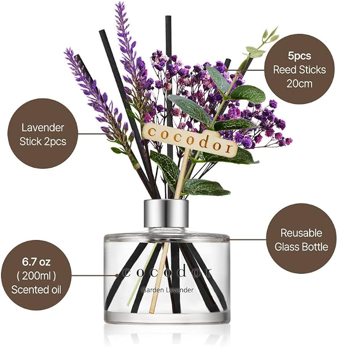COCODOR Lavender Reed Diffuser/White Jasmine/6.7oz/1Pack / Home Fragrance Scent Essential Oil Stick Diffuser for Bedroom Bathroom Home Decor for Women