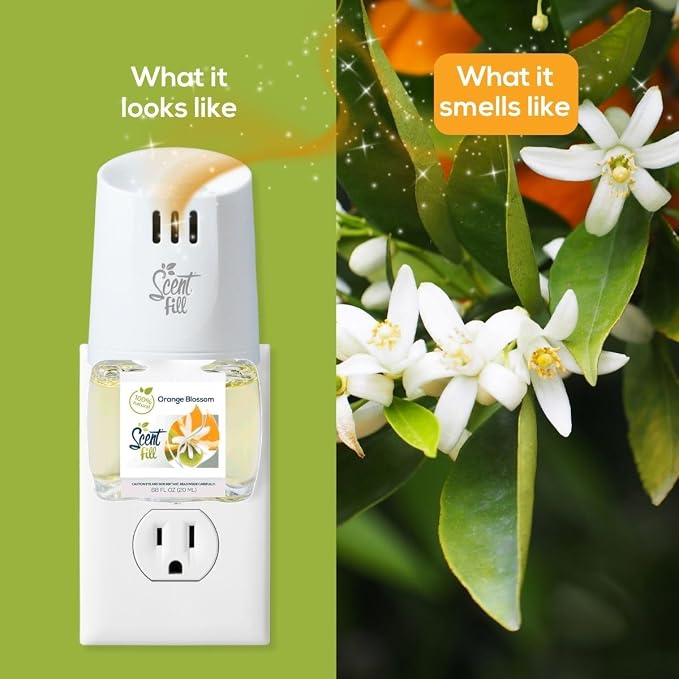 Scent Fill 100% Natural Orange Blossom Plug in Air Freshener, Scented Oil Refills, 2 Refills + Diffuser