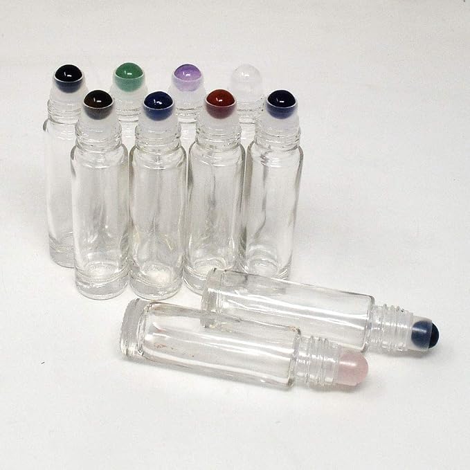 fengshuisale 10pcs Clear 10ml Empty Refillable Glass Bottles with Crystal Semiprecious Stones Essential Oil Gemstone Roller Ball Bottles with Silver Lid with Free Bag W3900 (Multi-1)
