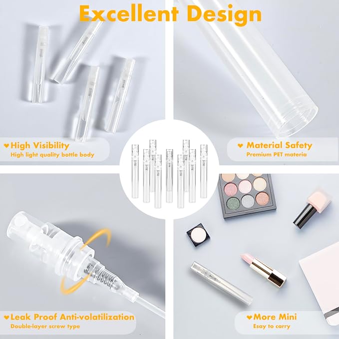 Chiallco Mini Perfume Sample Bottles, 10 Pack 5 ml Plastic Small Perfume Spray Bottle, Fine Mist, Portable Perfume Travel Refillable Bottle, Upgraded atomizer sprayer for perfume, Clear