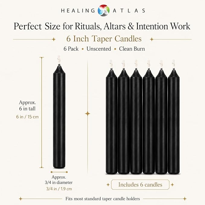 Black 6 Inch Taper Candles, 6 Pack – Unscented Ritual Candles for Protection, Cleansing, Wicca, Santeria, Altar, Meditation & Spiritual Use