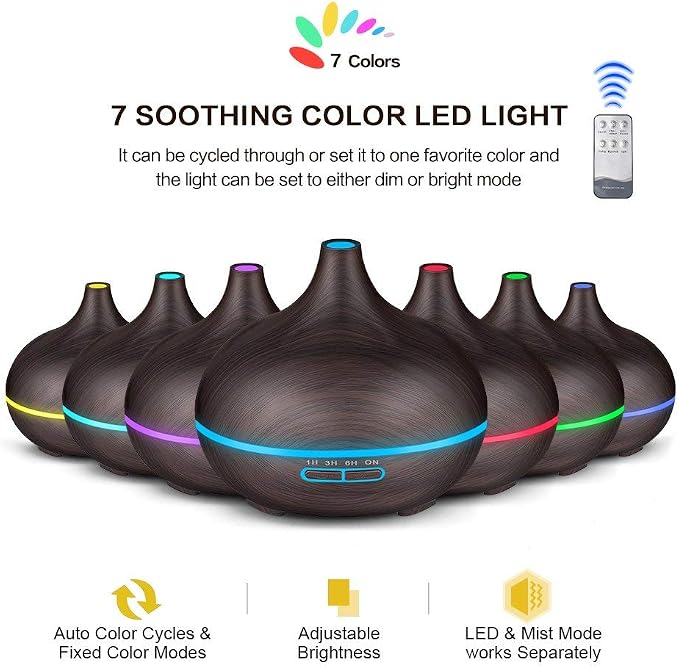 Diffusers for Essential Oils Large Room, 550ml Essential Oil Diffusers with Remote Control, Ultrasonic Oil Diffuser with Timer, 7 Colors Light for Bedroom (Deep)