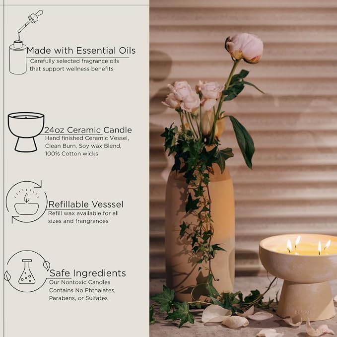 Blueme Renew Candle | Ivy & Rose | 4 Wick - Refillable Wellness Candle with Essential Oils, Hand Finished & Poured Soy Wax Blend Ceramic Vessel, Natural Cotton Wicks | Large 24 oz