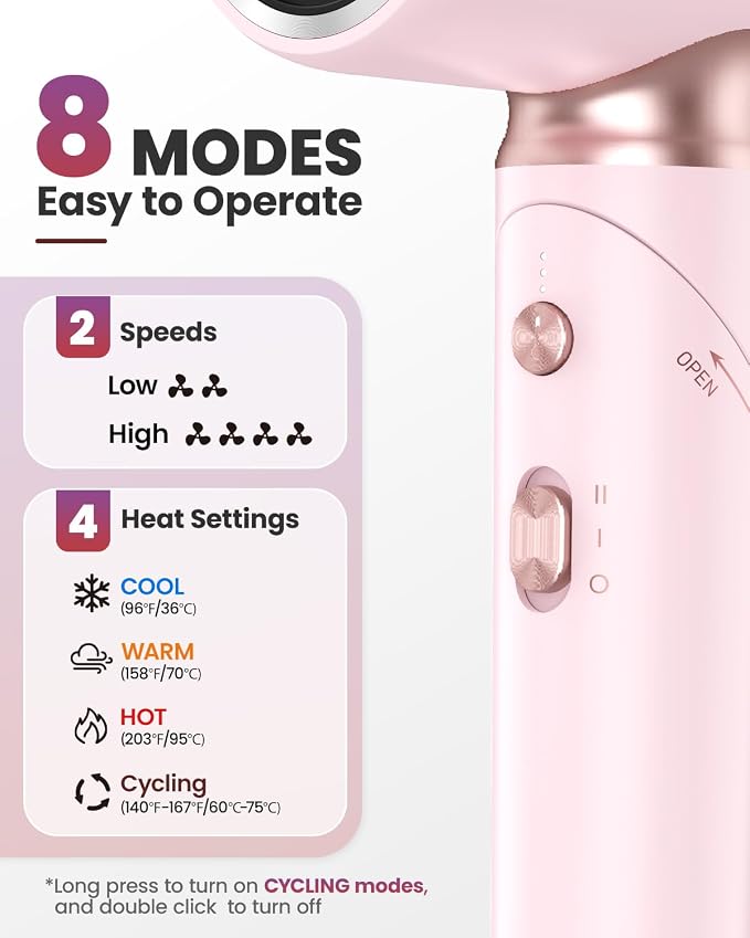 Dual Voltage Hair Dryer Travel Europe Foldable, High Speed Ionic Blow Dryer Fast Drying,100-240V Portable Dryers with Magnetic Nozzles,1300W, Pink