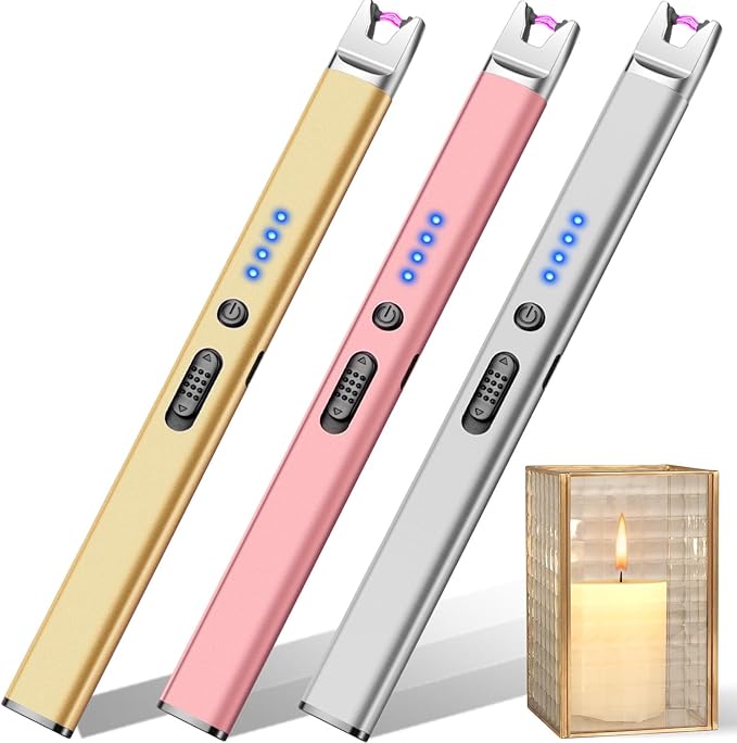 LcFun 3 Pack Candle Lighter Electric USB Rechargeable Plasma Arc Lighter with Safety Lock, Windproof Flameless Long Matches for Candle, Grill, BBQ, Camping, Gas Stoves (Gold,Pink,Silver)