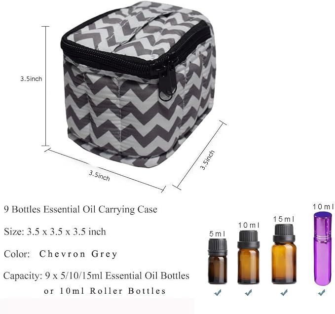 9 Bottles Essential Oil Carrying Case with Thick Foam Protection, Portable and Shockproof Organizer for 5ml to 10ml,15ml Bottles, Nail Polish, Roller Balls and Travel (Chevron Grey)