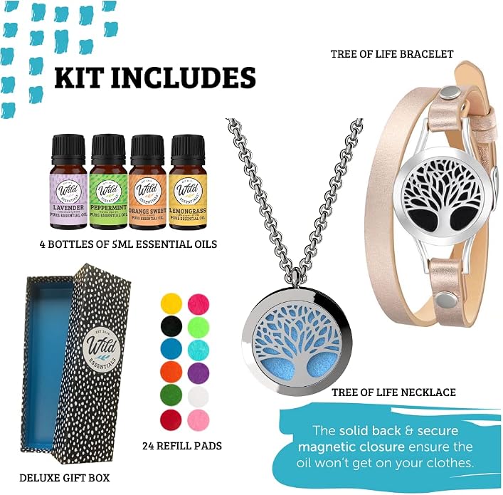Wild Essentials Tree of Life Necklace and Bracelet Diffuser Gift Box set with 4 essential oils and 24 color refill pads aromatherapy lavender, lemongrass, orange and peppermint oils, combination kit