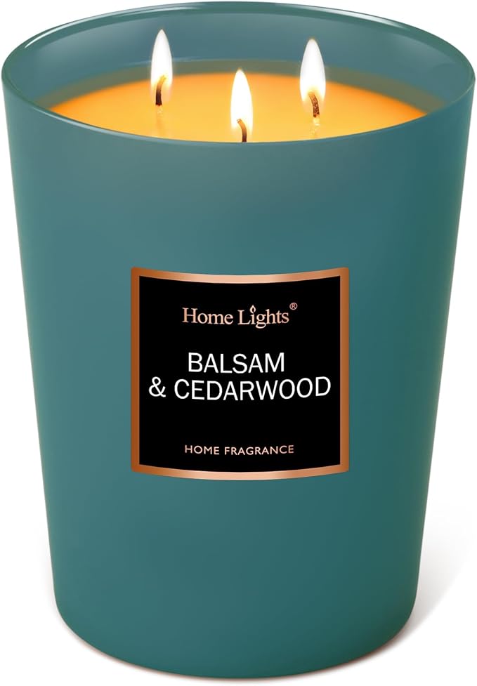 HomeLights Highly Scented Soy Candles Big 33.3 oz for Home. 3 Cotton Wicks, Smokeless Long Lasting 130 hrs in Balsam & Cedar. 5x6, Great Gift for Women & Men