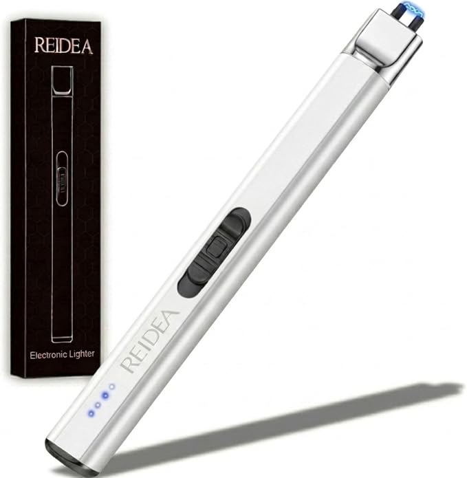 REIDEA Lighter Electronic, R1 Pro Windproof Flameless USB Rechargeable Arc Lighter with Safe Button and Power Indicator for Candle, BBQ, White