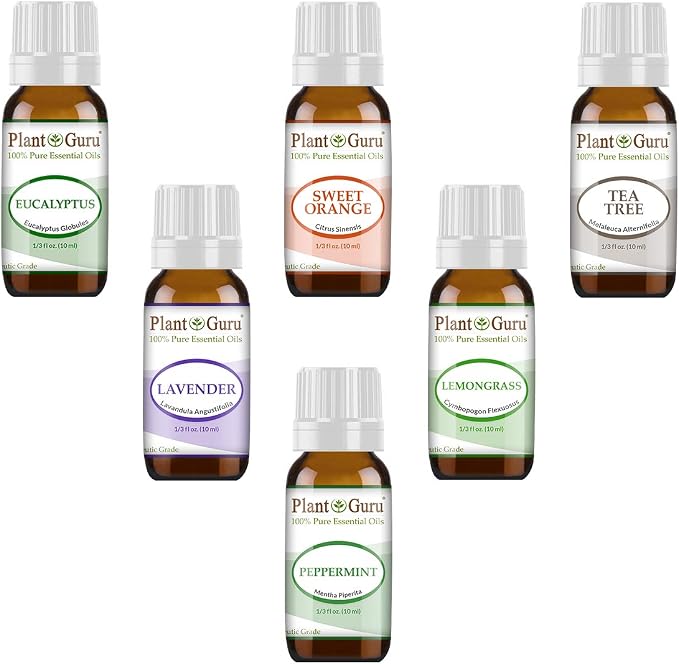 Essential Oil Set 6-10 ml Therapeutic Grade 100% Pure Tea Tree, Lavender, Eucalyptus, Lemongrass, Peppermint & Sweet Orange. for Skin, Body and Aromatherapy Diffuser