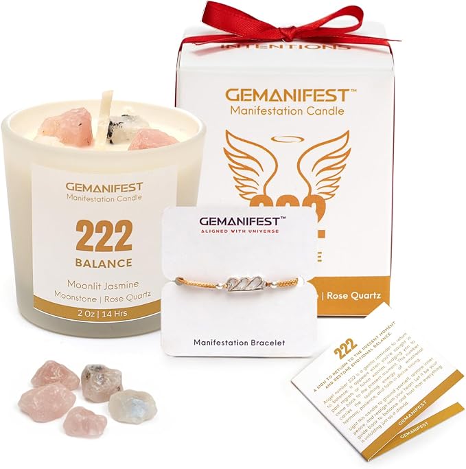 Angel Number 222 Manifestation Candle Crystal Infused Soy Wax with Moonstone & Rose Quartz Moonlit Jasmine Scented Spiritual Gift for Balance Meditation Affirmation and Energy Alignment