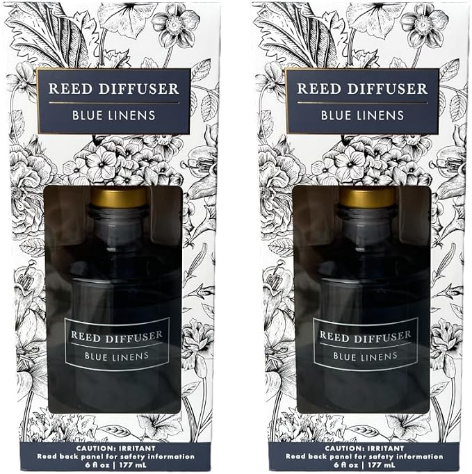 Bellevue Diffuser, 6 fl oz Glass Filled Diffuser, Highly Concentrated Fragrances with Essential Oils, Home Fragrance, Scent:Blue LINENS (Pack of 2)