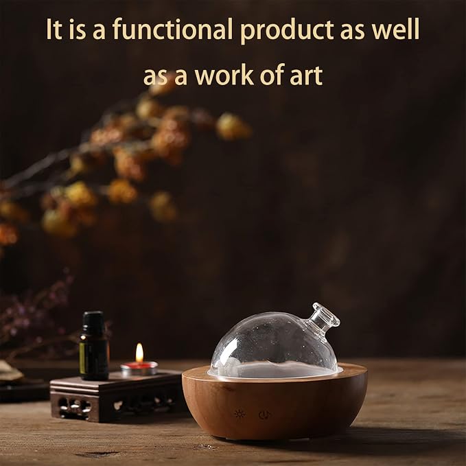 Glass Essential Oil Diffuser with Real Wood Base, 180ml Aromatherapy Diffuser with 2 Mist Modes, 7 Colors LED Light Ultrasonic Cool Mist Humidifier for Home and Office