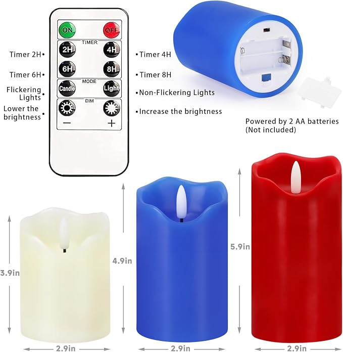 VEEKI 4th of July Flameless Candles, Set of 3 Patriotic LED Candles with Remote & Timer, Flickering Electric Pillar Candles Battery Operated, Red White Blue Candles for Home Independence Day Decor