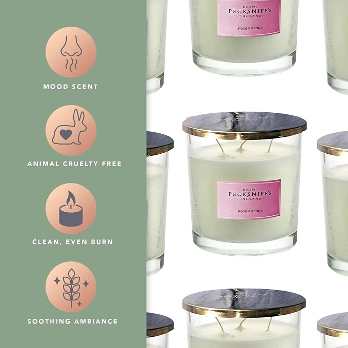Pecksniffs White Scented Candle | Rose & Peony Fragrance Candles for Home Scented | Elegant Glass Vessel with Metal Lid | 3 Wicks Luxury Candles, 550g/19.4oz