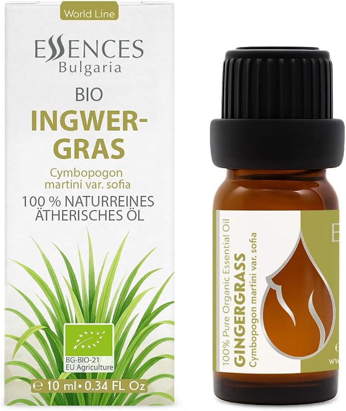Essences Bulgaria Organic Gingergrass Essential Oil 0.34 Fl Oz | 10ml | Cymbopogon Martini VAR. Sofia | 100% Pure and Natural | Undiluted | Therapeutic Grade | Aromatherapy | Cosmetics | Cruelty Free