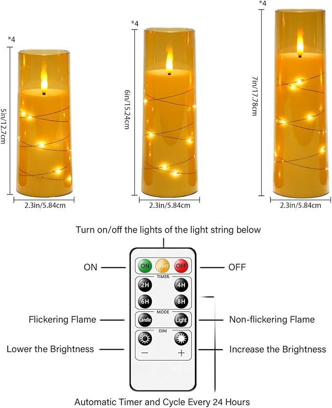 Sasigeiaa Flameless Candles with Embedded Star String - Battery Operated LED Candles, with Remote,12 Gold Flickering Candles for Christmas, Weddings, Home Decor & Party,(D 2.3"×H 5" 6" 7")