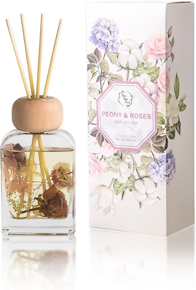 Reed Diffuser Set, 3.4 fl oz - Elegant Home Fragrance with 5 Sticks - Long-Lasting Scented Oil Diffuser for Bedroom, Bathroom Shelf Decor & Living Room (Peony & Roses)